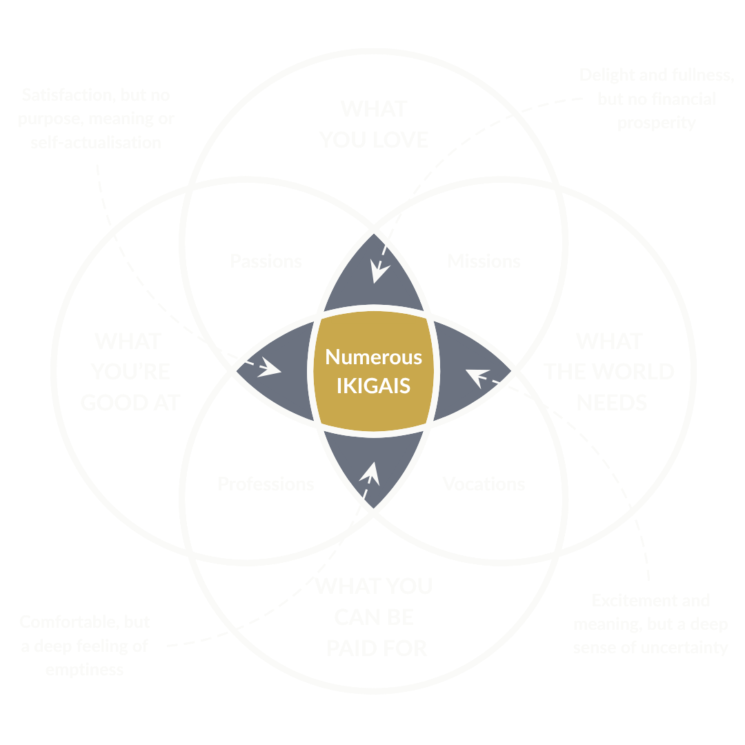 Pathfinder ikigai diagram with four overlapping circles meeting at your numerous ikigais